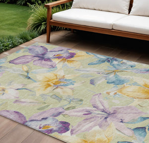 HomeRoots 10' X 14' Floral Area Rug in Artichoke Green, Gold & Lavender - Washable & Durable for Indoor/Outdoor Use 640917