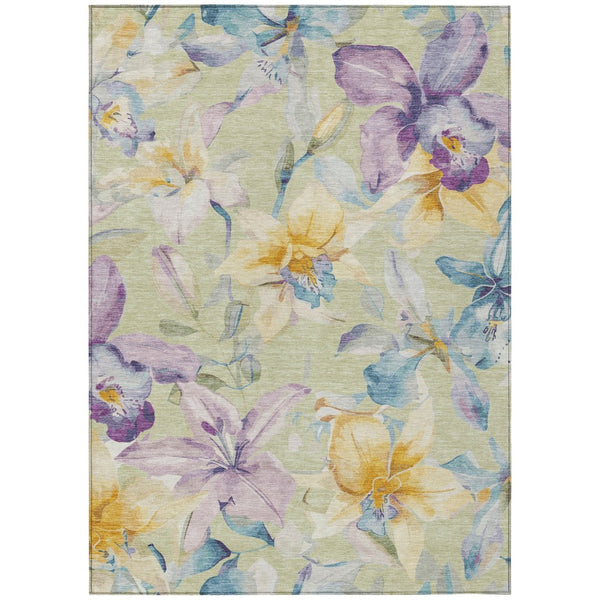 HomeRoots 10' X 14' Floral Area Rug in Artichoke Green, Gold & Lavender - Washable & Durable for Indoor/Outdoor Use 640917
