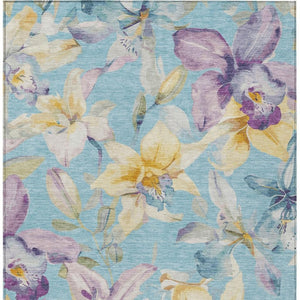 HomeRoots 5' Aqua Gold and Lavender Floral Washable Area Rug - Versatile Indoor Outdoor Decor for High-Traffic Spaces 640919