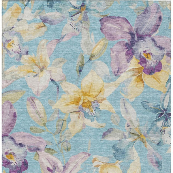 HomeRoots 5' Aqua Gold and Lavender Floral Washable Area Rug - Versatile Indoor Outdoor Decor for High-Traffic Spaces 640919