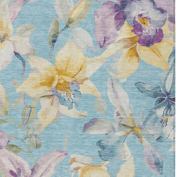 HomeRoots 5' Aqua Gold and Lavender Floral Washable Area Rug - Versatile Indoor Outdoor Decor for High-Traffic Spaces 640919