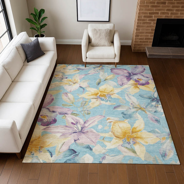 HomeRoots 5' Aqua Gold and Lavender Floral Washable Area Rug - Versatile Indoor Outdoor Decor for High-Traffic Spaces 640919
