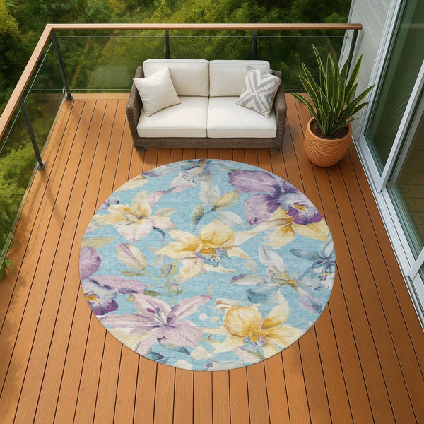 HomeRoots 8' Vibrant Aqua Gold Lavender Round Floral Rug - Washable, Stylish, Durable for Indoor & Outdoor Use 640920