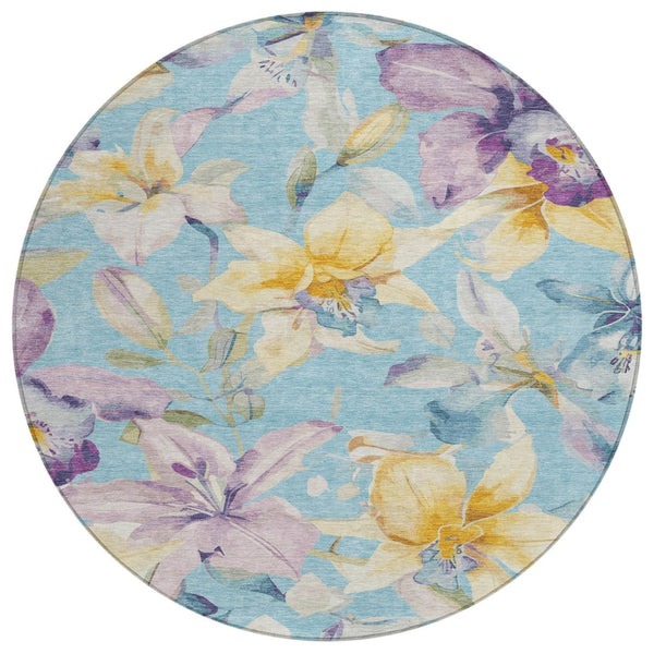 HomeRoots 8' Vibrant Aqua Gold Lavender Round Floral Rug - Washable, Stylish, Durable for Indoor & Outdoor Use 640920