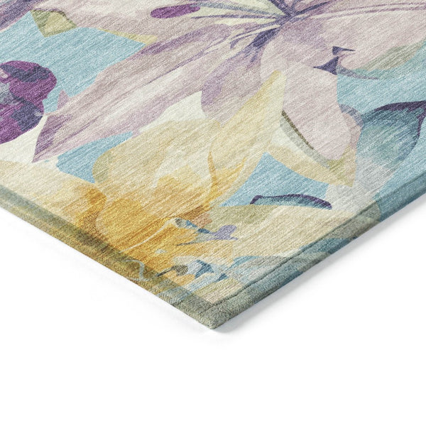 HomeRoots 8' Vibrant Aqua Gold Lavender Round Floral Rug - Washable, Stylish, Durable for Indoor & Outdoor Use 640920