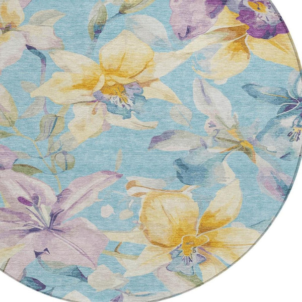HomeRoots 8' Vibrant Aqua Gold Lavender Round Floral Rug - Washable, Stylish, Durable for Indoor & Outdoor Use 640920