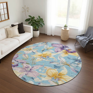 HomeRoots 8' Vibrant Aqua Gold Lavender Round Floral Rug - Washable, Stylish, Durable for Indoor & Outdoor Use 640920