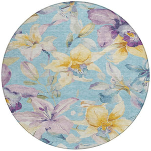 HomeRoots 8' Vibrant Aqua Gold Lavender Round Floral Rug - Washable, Stylish, Durable for Indoor & Outdoor Use 640920