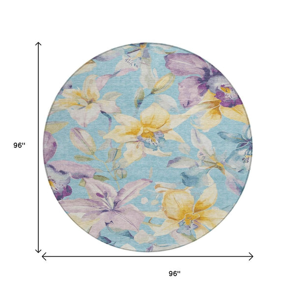 HomeRoots 8' Vibrant Aqua Gold Lavender Round Floral Rug - Washable, Stylish, Durable for Indoor & Outdoor Use 640920
