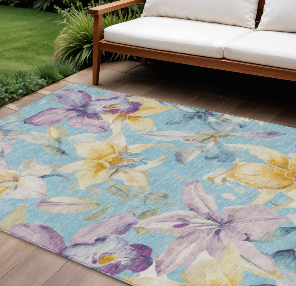 HomeRoots 8' X 10' Elegant Aqua Gold Lavender Floral Area Rug - Durable, Washable for Indoor & Outdoor Spaces! 640921
