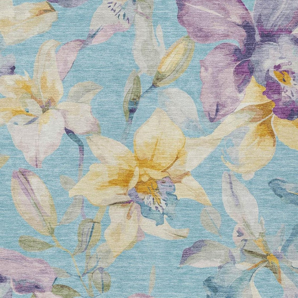 HomeRoots 8' X 10' Elegant Aqua Gold Lavender Floral Area Rug - Durable, Washable for Indoor & Outdoor Spaces! 640921