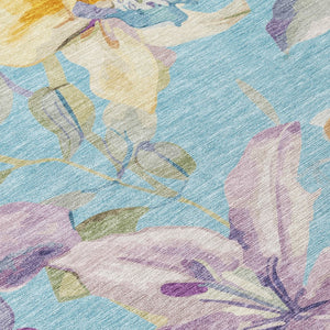 HomeRoots 8' X 10' Elegant Aqua Gold Lavender Floral Area Rug - Durable, Washable for Indoor & Outdoor Spaces! 640921