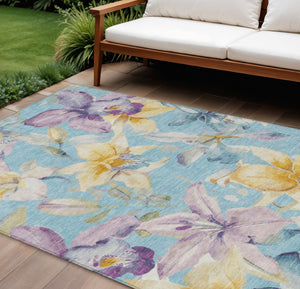 HomeRoots 10' Aqua Gold Lavender Floral Washable Area Rug - Durable, Indoor/Outdoor, Stain-Resistant Charm 640923