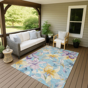 HomeRoots 10' Aqua Gold Lavender Floral Washable Area Rug - Durable, Indoor/Outdoor, Stain-Resistant Charm 640923