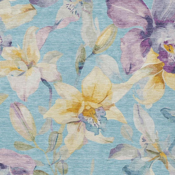 HomeRoots 10' Aqua Gold Lavender Floral Washable Area Rug - Durable, Indoor/Outdoor, Stain-Resistant Charm 640923