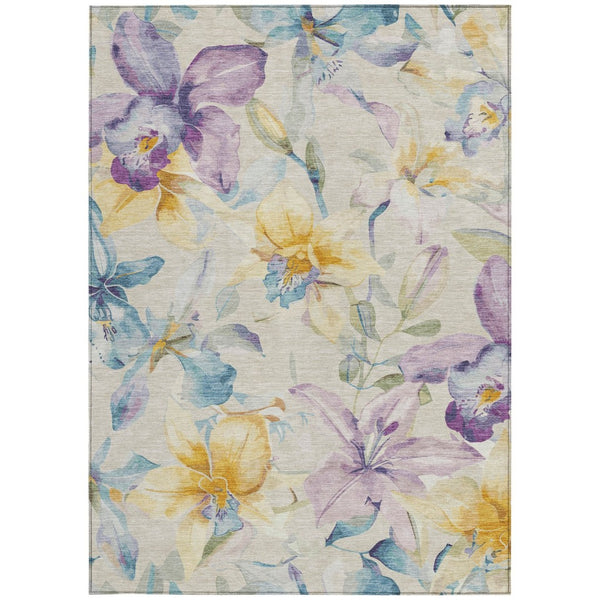 HomeRoots 5' Washable Beige Gold Lavender Floral Area Rug – Durable Indoor/Outdoor Accent for Any Space 640925