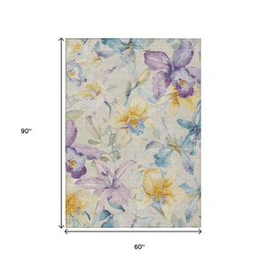 HomeRoots 5' Washable Beige Gold Lavender Floral Area Rug – Durable Indoor/Outdoor Accent for Any Space 640925