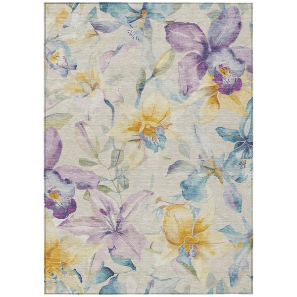 HomeRoots 5' Washable Beige Gold Lavender Floral Area Rug – Durable Indoor/Outdoor Accent for Any Space 640925