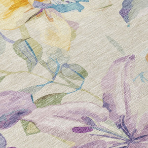 HomeRoots 5' Washable Beige Gold Lavender Floral Area Rug – Durable Indoor/Outdoor Accent for Any Space 640925