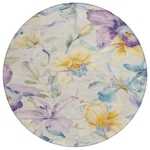 HomeRoots 8' Elegant Beige, Gold & Lavender Round Floral Rug - Washable Indoor/Outdoor Area Rug for All Spaces 640926