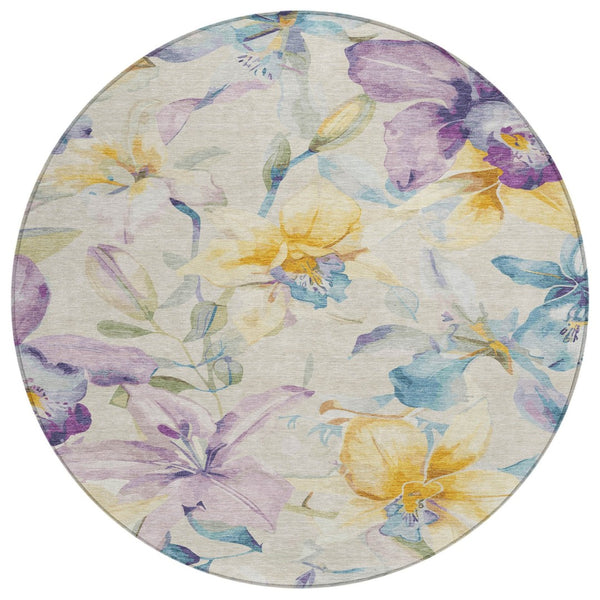 HomeRoots 8' Elegant Beige, Gold & Lavender Round Floral Rug - Washable Indoor/Outdoor Area Rug for All Spaces 640926