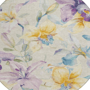 HomeRoots 8' Elegant Beige, Gold & Lavender Round Floral Rug - Washable Indoor/Outdoor Area Rug for All Spaces 640926