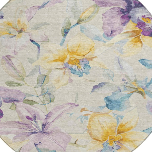 HomeRoots 8' Elegant Beige, Gold & Lavender Round Floral Rug - Washable Indoor/Outdoor Area Rug for All Spaces 640926