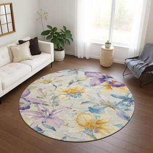 HomeRoots 8' Elegant Beige, Gold & Lavender Round Floral Rug - Washable Indoor/Outdoor Area Rug for All Spaces 640926
