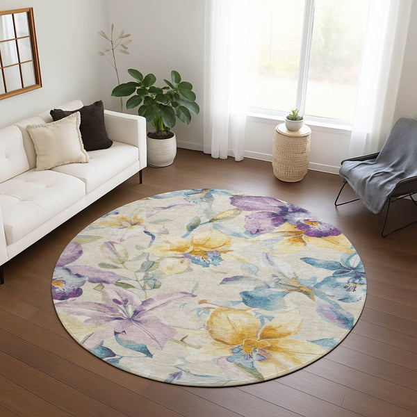 HomeRoots 8' Elegant Beige, Gold & Lavender Round Floral Rug - Washable Indoor/Outdoor Area Rug for All Spaces 640926