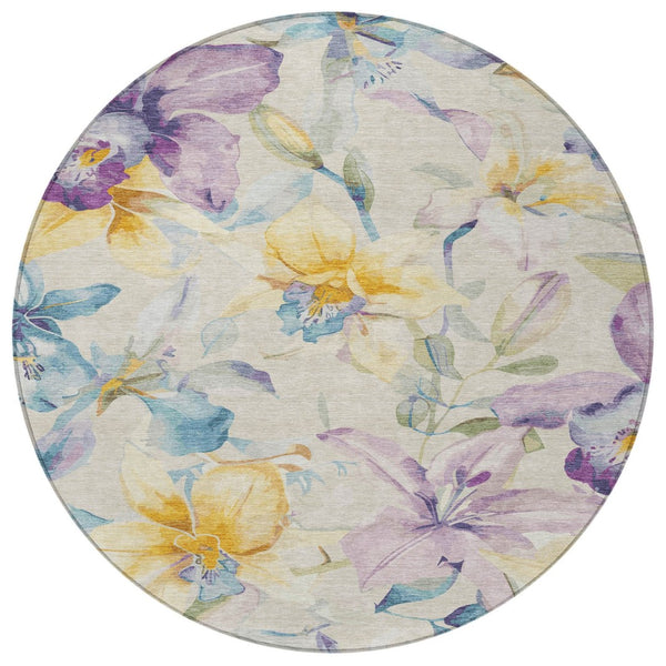 HomeRoots 8' Elegant Beige, Gold & Lavender Round Floral Rug - Washable Indoor/Outdoor Area Rug for All Spaces 640926