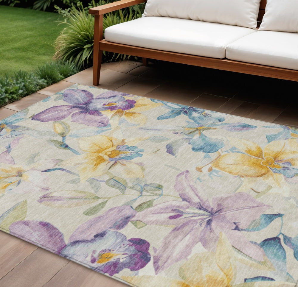 HomeRoots 8' X 10' Floral Washable Area Rug in Beige, Gold & Lavender - Indoor/Outdoor Durable Elegance 640927