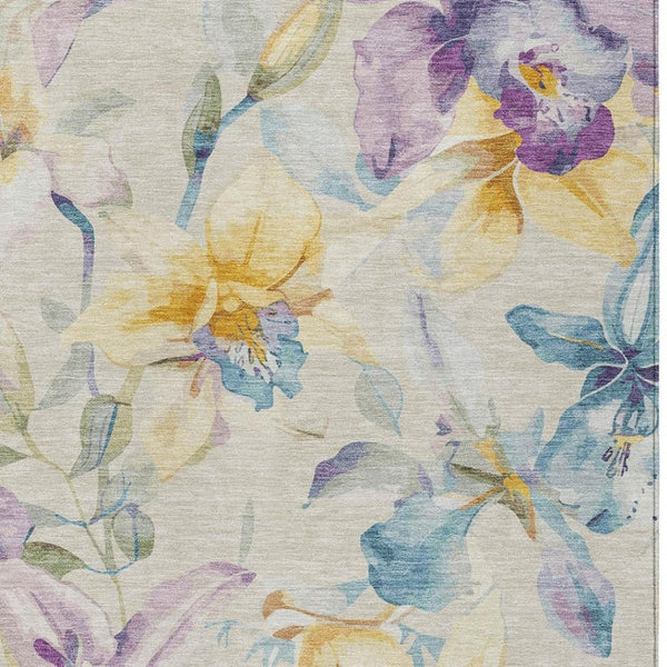 HomeRoots 8' X 10' Floral Washable Area Rug in Beige, Gold & Lavender - Indoor/Outdoor Durable Elegance 640927