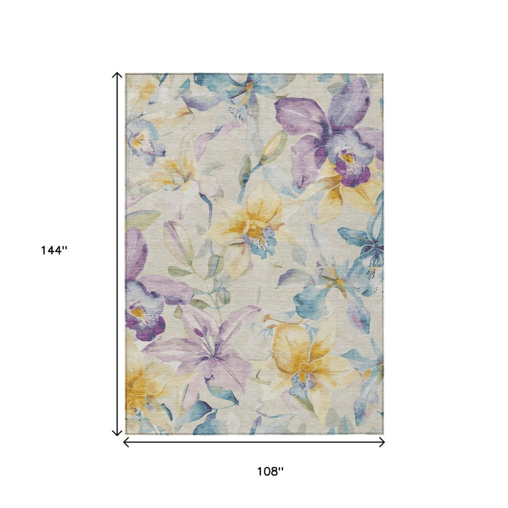 HomeRoots 9' X 12' Floral Washable Area Rug in Beige Gold & Lavender – Perfect for Indoor & Outdoor Spaces! 640928
