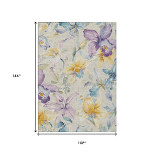 HomeRoots 9' X 12' Floral Washable Area Rug in Beige Gold & Lavender – Perfect for Indoor & Outdoor Spaces! 640928