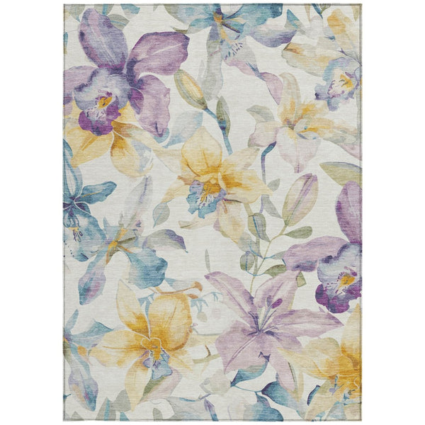 HomeRoots 5' X 8' Elegant Floral Ivory, Gold & Lavender Area Rug - Washable, Durable for Indoor/Outdoor Use 640931