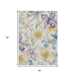 HomeRoots 5' X 8' Elegant Floral Ivory, Gold & Lavender Area Rug - Washable, Durable for Indoor/Outdoor Use 640931