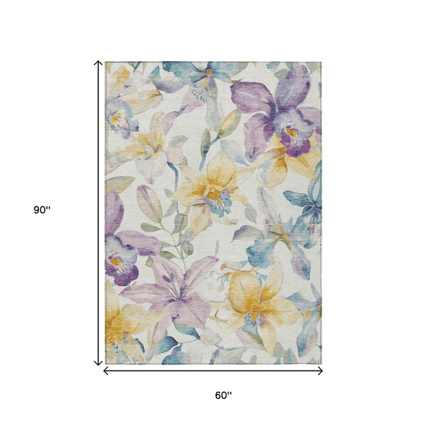 HomeRoots 5' X 8' Elegant Floral Ivory, Gold & Lavender Area Rug - Washable, Durable for Indoor/Outdoor Use 640931