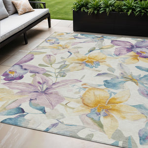 HomeRoots 5' X 8' Elegant Floral Ivory, Gold & Lavender Area Rug - Washable, Durable for Indoor/Outdoor Use 640931