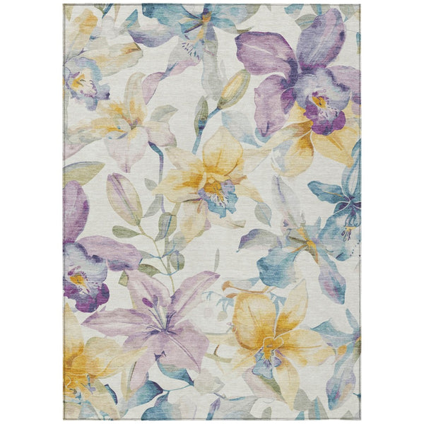 HomeRoots 5' X 8' Elegant Floral Ivory, Gold & Lavender Area Rug - Washable, Durable for Indoor/Outdoor Use 640931