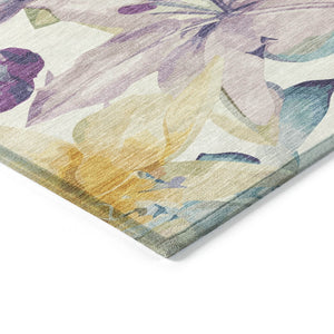 HomeRoots 5' X 8' Elegant Floral Ivory, Gold & Lavender Area Rug - Washable, Durable for Indoor/Outdoor Use 640931