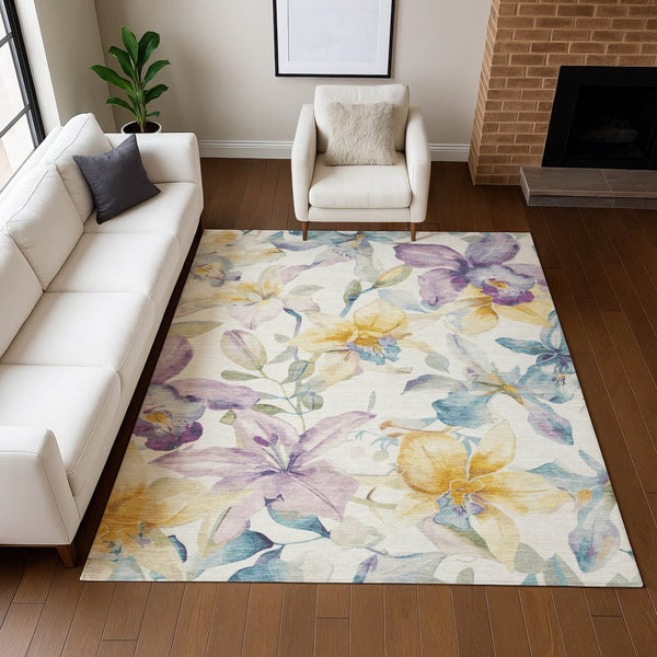 HomeRoots 5' X 8' Elegant Floral Ivory, Gold & Lavender Area Rug - Washable, Durable for Indoor/Outdoor Use 640931