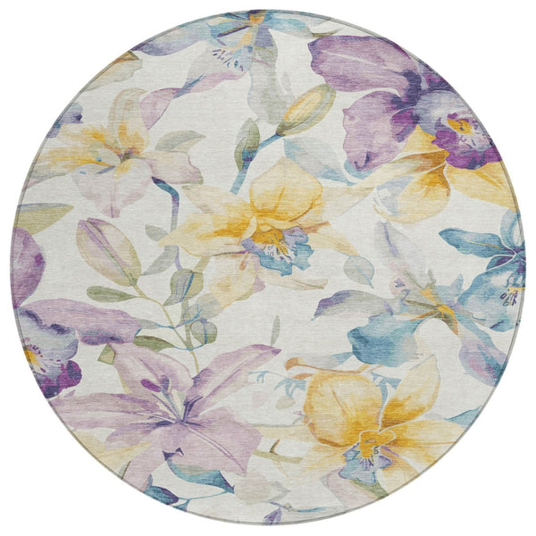 HomeRoots 8' Elegant Ivory Gold Lavender Round Floral Washable Area Rug for Indoor and Outdoor Spaces 640932