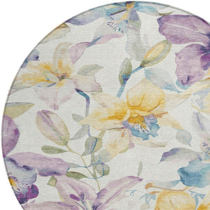 HomeRoots 8' Elegant Ivory Gold Lavender Round Floral Washable Area Rug for Indoor and Outdoor Spaces 640932
