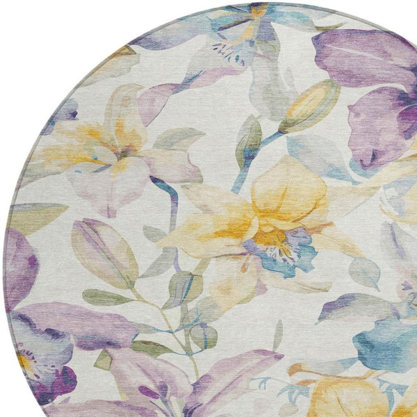HomeRoots 8' Elegant Ivory Gold Lavender Round Floral Washable Area Rug for Indoor and Outdoor Spaces 640932