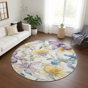 HomeRoots 8' Elegant Ivory Gold Lavender Round Floral Washable Area Rug for Indoor and Outdoor Spaces 640932
