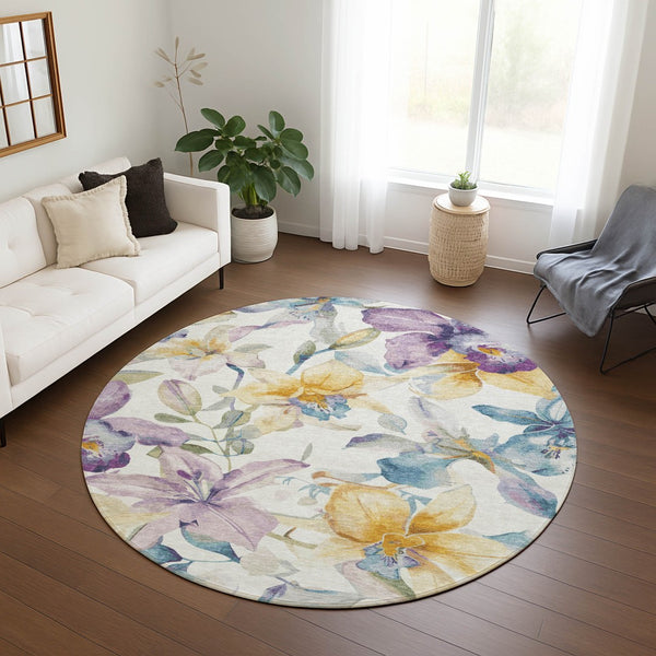 HomeRoots 8' Elegant Ivory Gold Lavender Round Floral Washable Area Rug for Indoor and Outdoor Spaces 640932