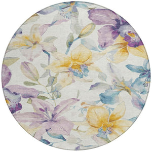 HomeRoots 8' Elegant Ivory Gold Lavender Round Floral Washable Area Rug for Indoor and Outdoor Spaces 640932