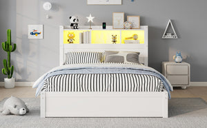 English Elm Twin Wood Storage Bed with Led Headboard Drawers and Pull Out Cabinet for Kids White W2593S00050