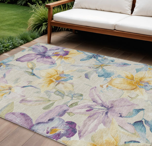 HomeRoots 8' X 10' Ivory Gold Lavender Floral Area Rug – Stylish, Washable, Durable for Indoor & Outdoor Use! 640933