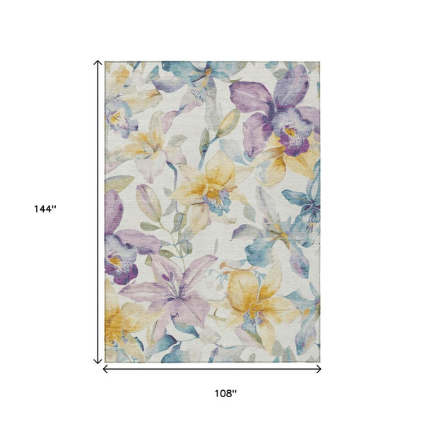 HomeRoots 9' X 12' Elegant Ivory Gold Lavender Floral Area Rug - Durable, Washable & Versatile for Indoor/Outdoor Use 640934